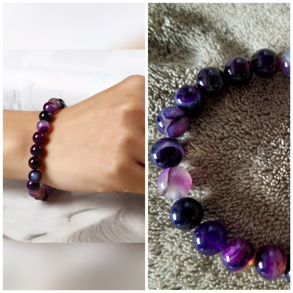 💛 Purple Striped Agate Beaded Bracelet - Picture 2 of 7